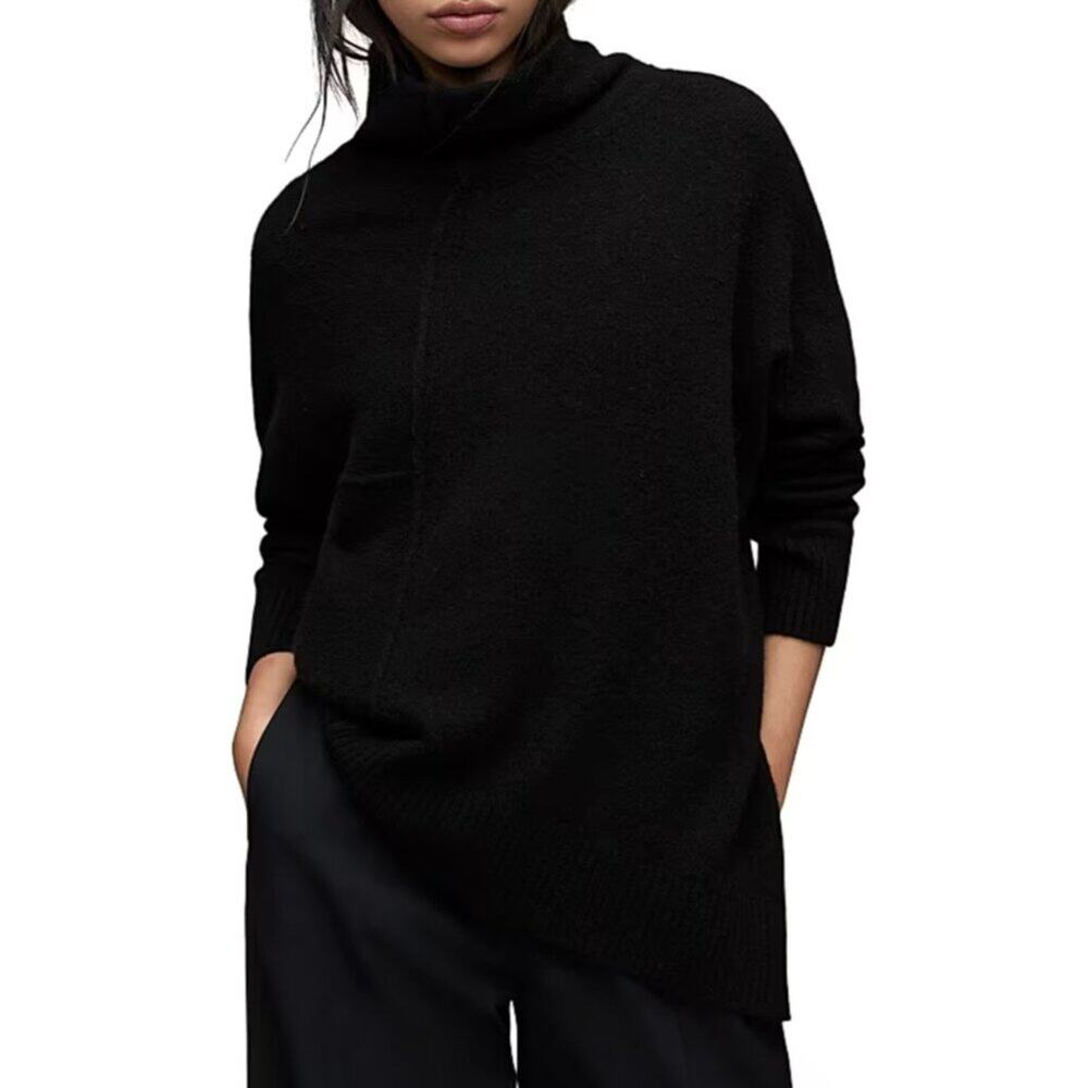 AllSaints Lock Rolled Neck Black Asymmetric Sweater